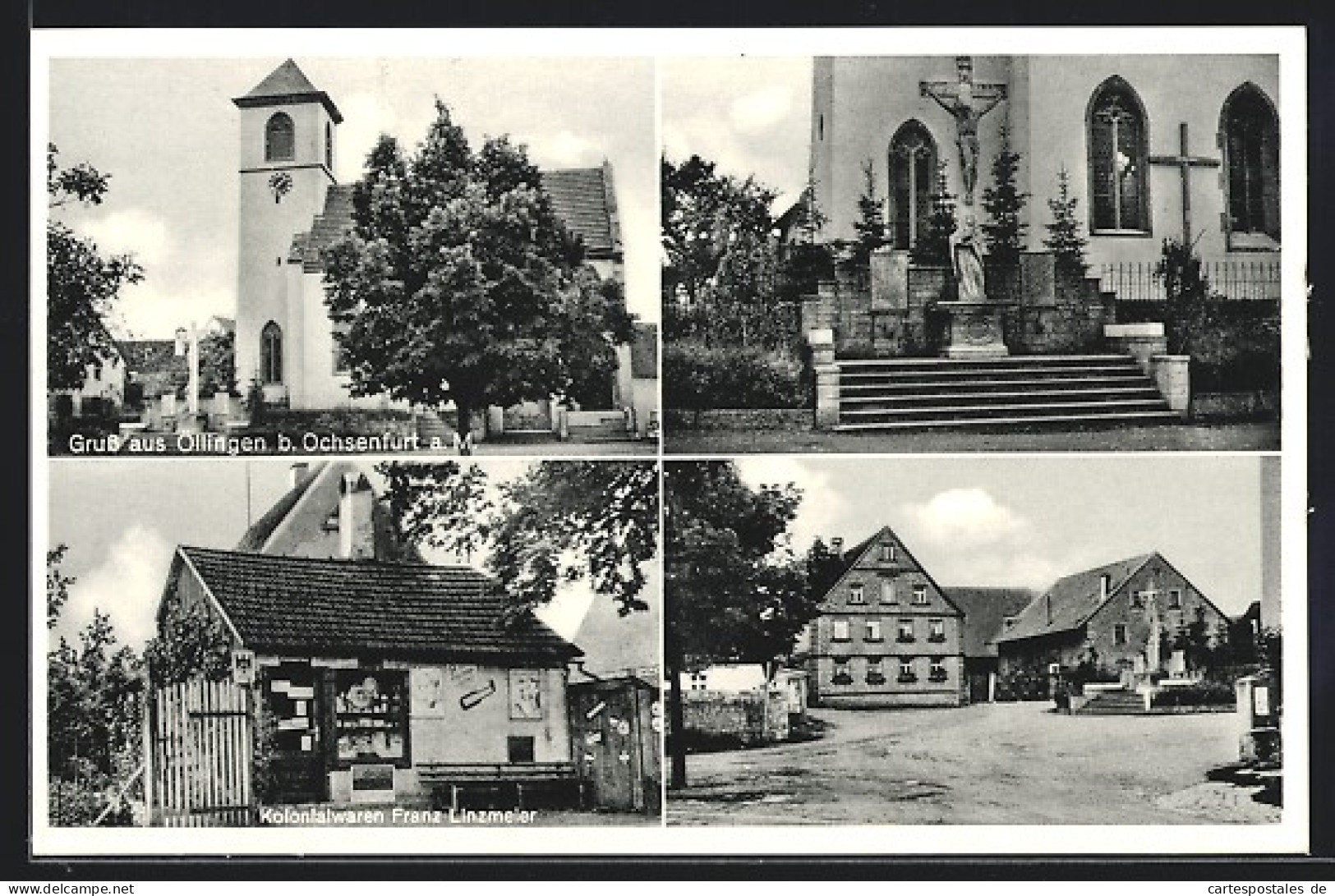 AK Öllingen /Ochsenfurt, Kolonialwaren Franz Linzmeier, Strassenpartie, Kirche  - Ochsenfurt