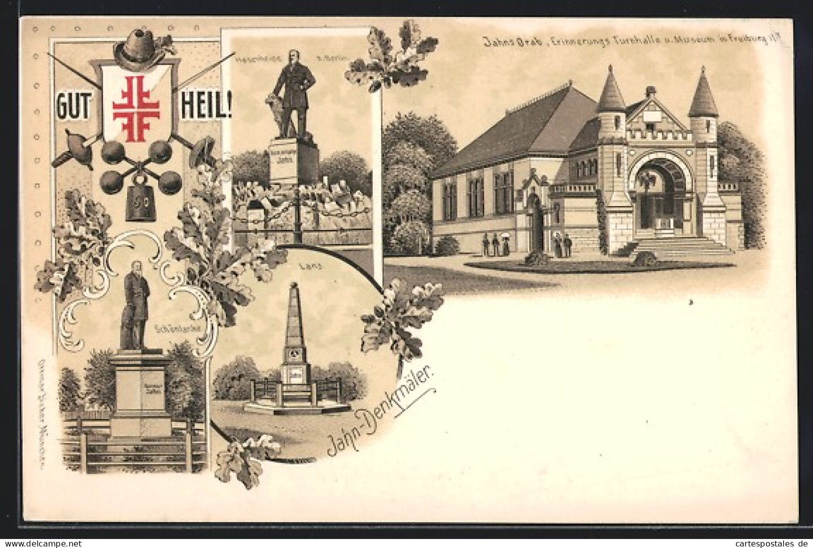 Lithographie Freyburg / Unstrut, Jahns Grab, Erinnerungs-Turnhalle Und Museum  - Freyburg A. D. Unstrut