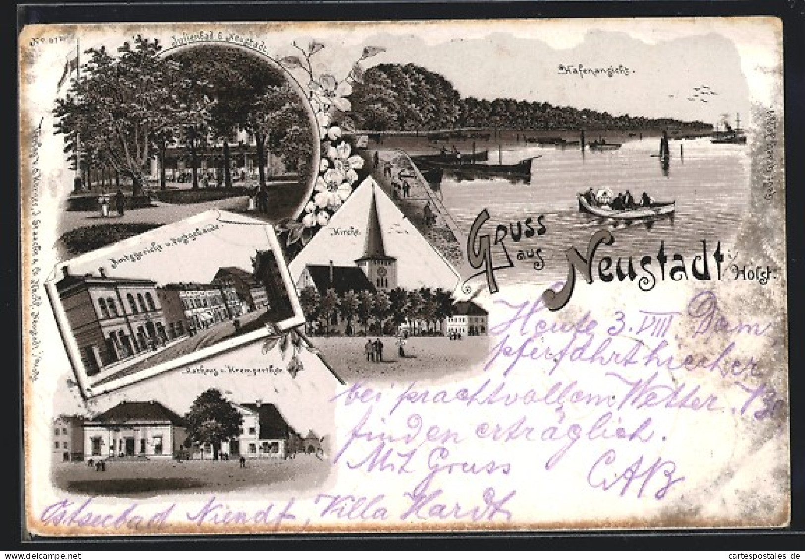 Lithographie Neustadt I. Holst., Julienbad, Amtsgericht Und Postgebäude, Hafenansicht  - Neustadt (Holstein)