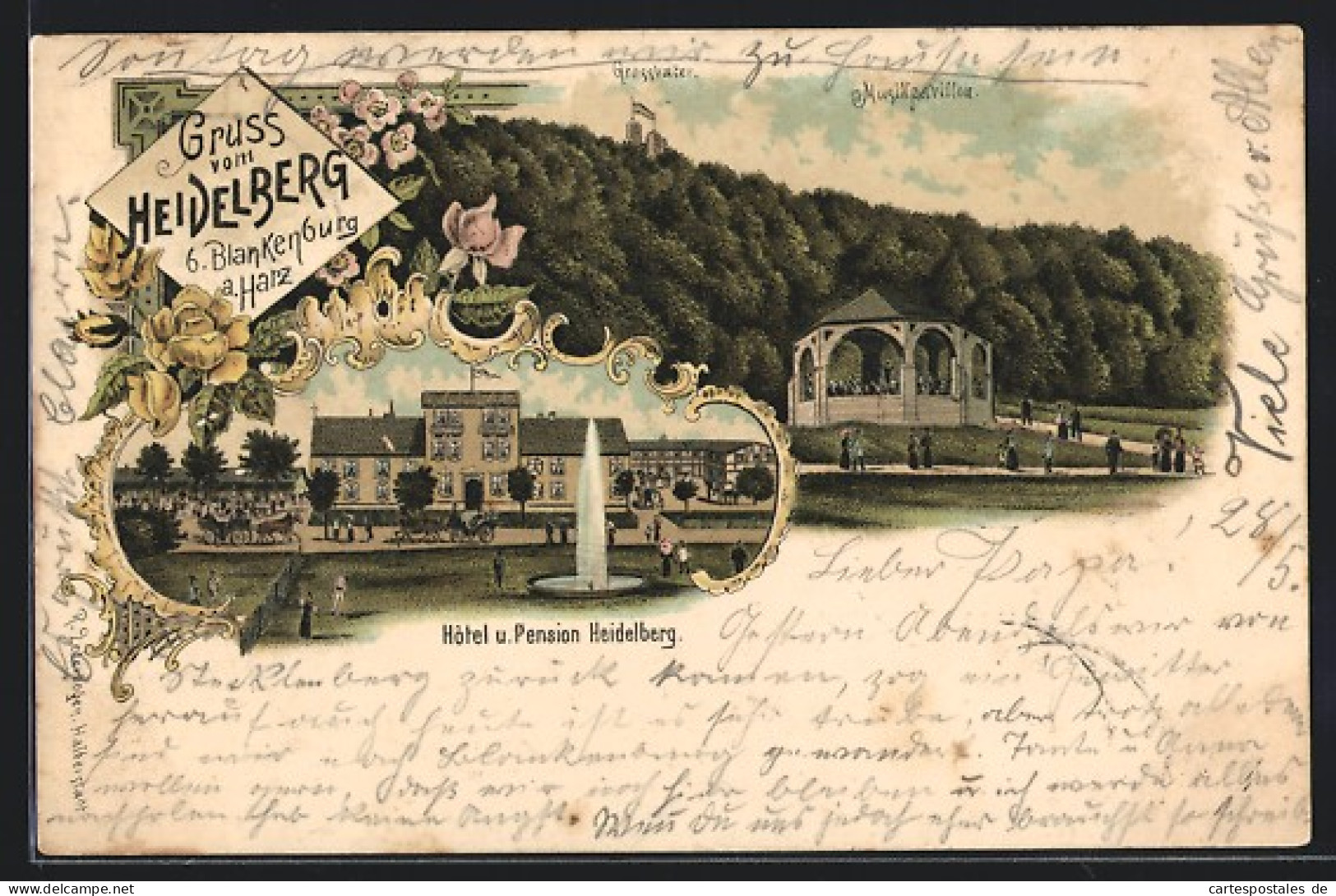 Lithographie Blankenburg A. Harz, Hotel U. Pension Heidelberg Mit Fontäne Und Pavillon  - Blankenburg