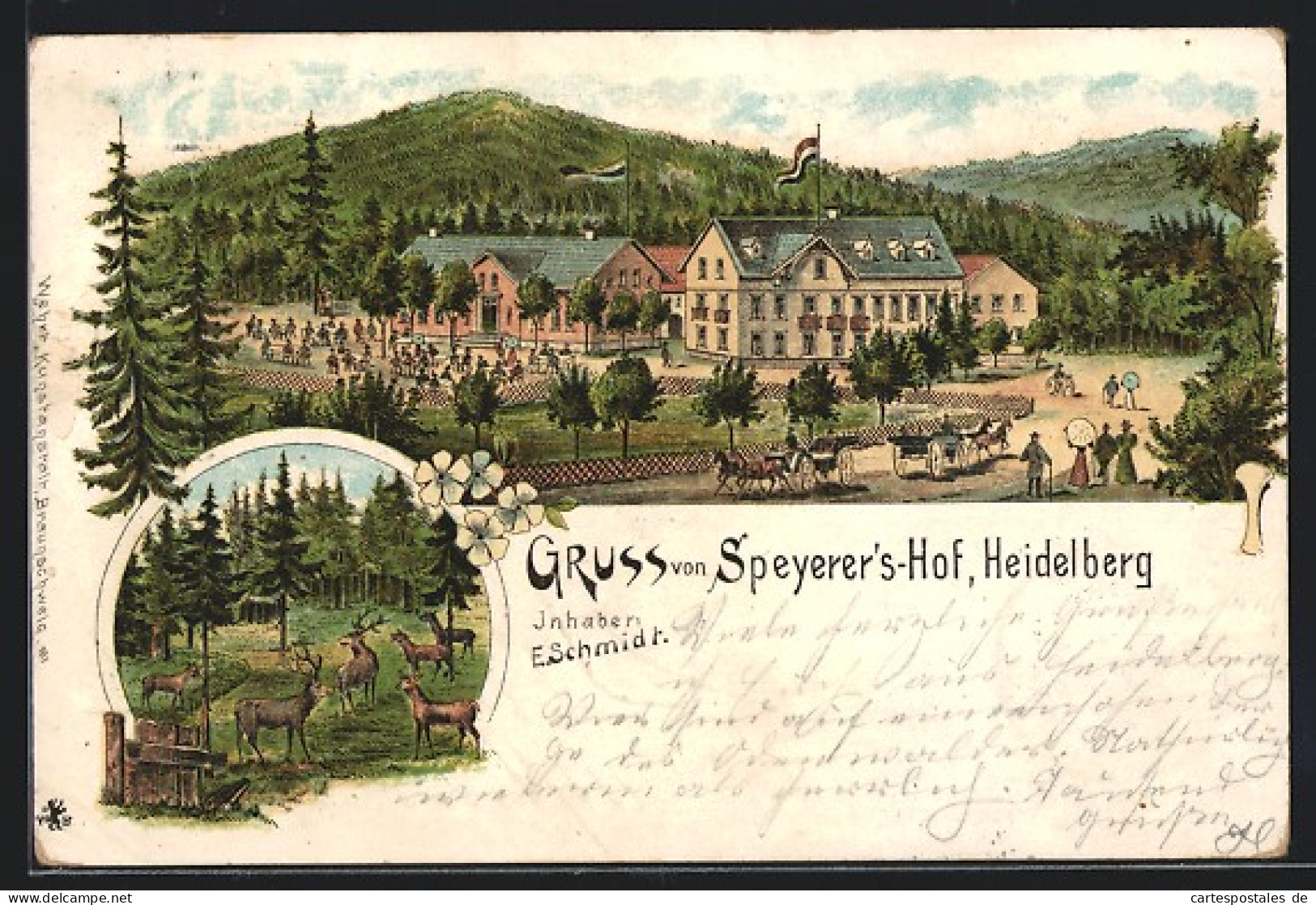 Lithographie Heidelberg, Hotel-Restaurant Speierershof E. Schmidt Mit Garten Und Strassse, Waldtiere  - Heidelberg