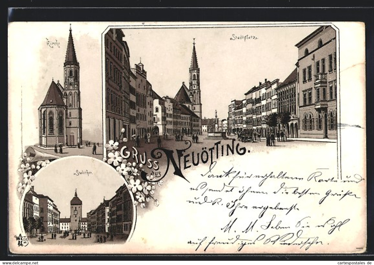Lithographie Neuötting, Stadtplatz, Kirche, Blick Zum Stadtthor  - Neuoetting