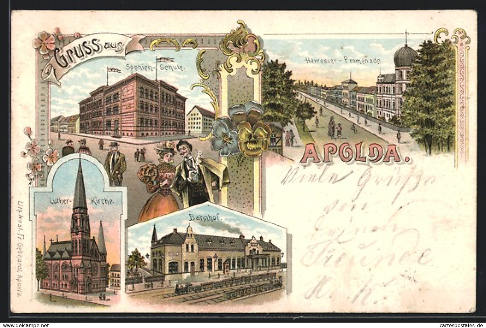 Lithographie Apolda, Bahnhof, Herresser-Promenade, Sophien-Schule, Luther-Kirche  - Apolda