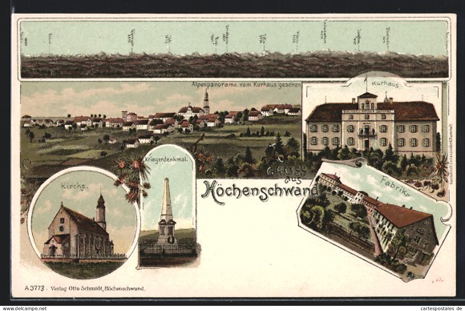 Lithographie Höchenschwand, Kirche, Kriegerdenkmal, Kurhaus, Fabrik  - Höchenschwand