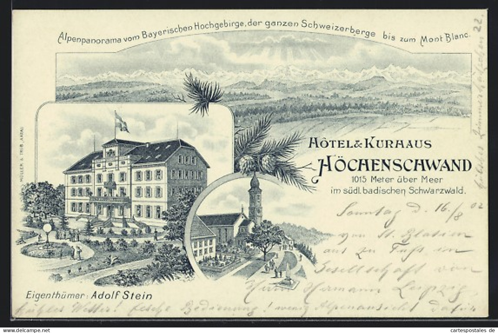 Lithographie Höchenschwand /Bad. Schwarzwald, Hotel & Kurhaus Höchenschwend, Alpenpanorama Vom Bayerischen Hochgebir  - Höchenschwand