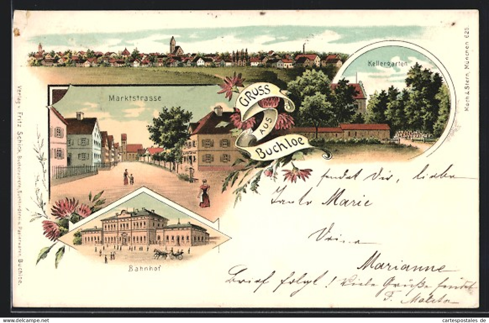 Lithographie Buchloe, Ortsansicht Mit Marktstrasse, Kellergarten Und Bahnhof  - Buchloe