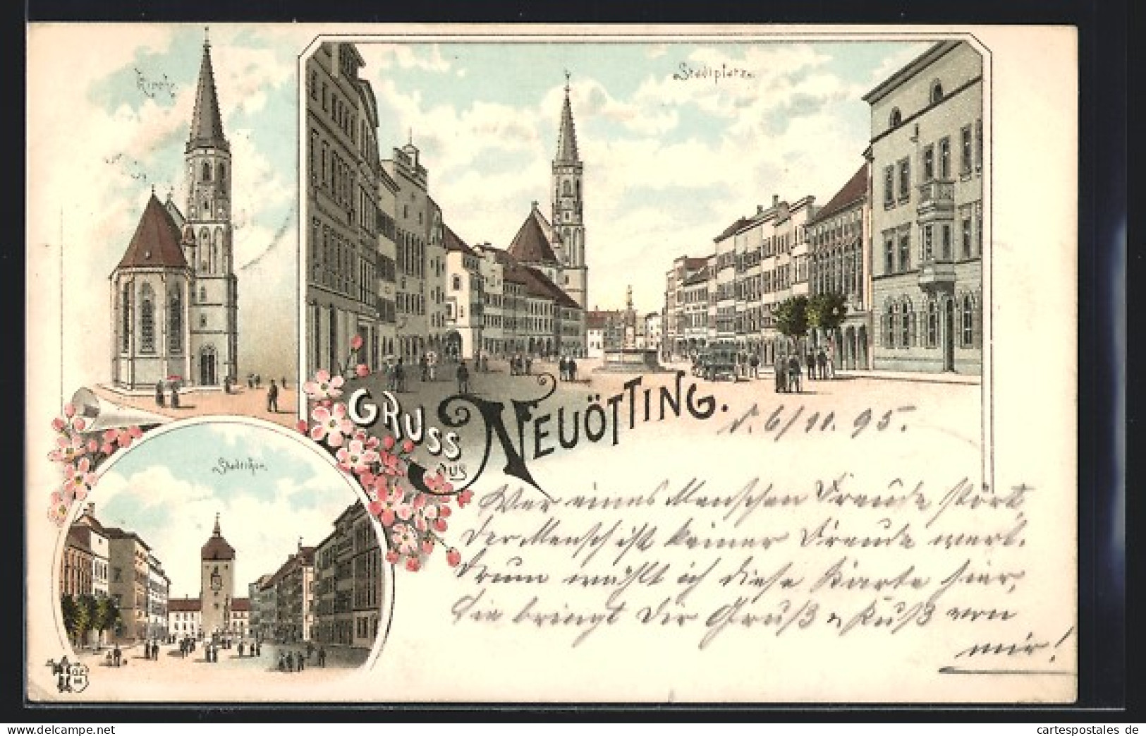 Vorläufer-Lithographie Neuötting, 1895, Stadtplatz, Kirche, Stadttor  - Neuoetting