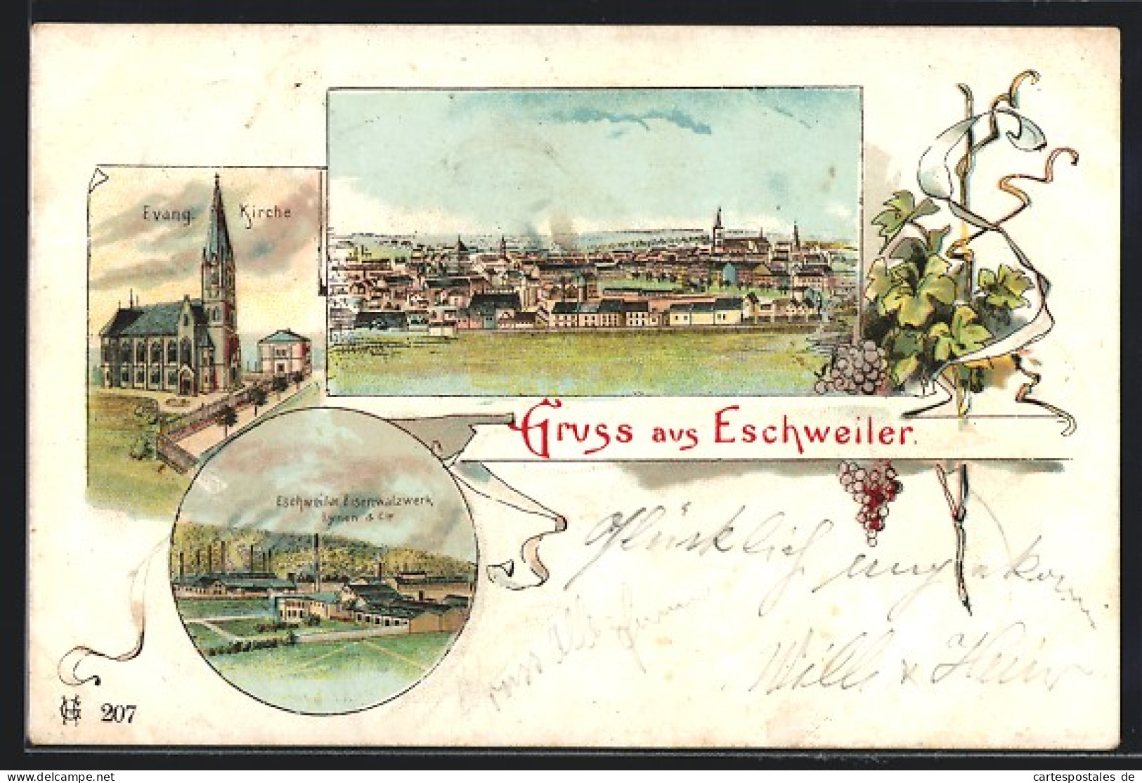Lithographie Eschweiler, Eschweiler Eisenwalzwerk Lynen & Cie, Evangelische Kirche, Teilansicht  - Eschweiler
