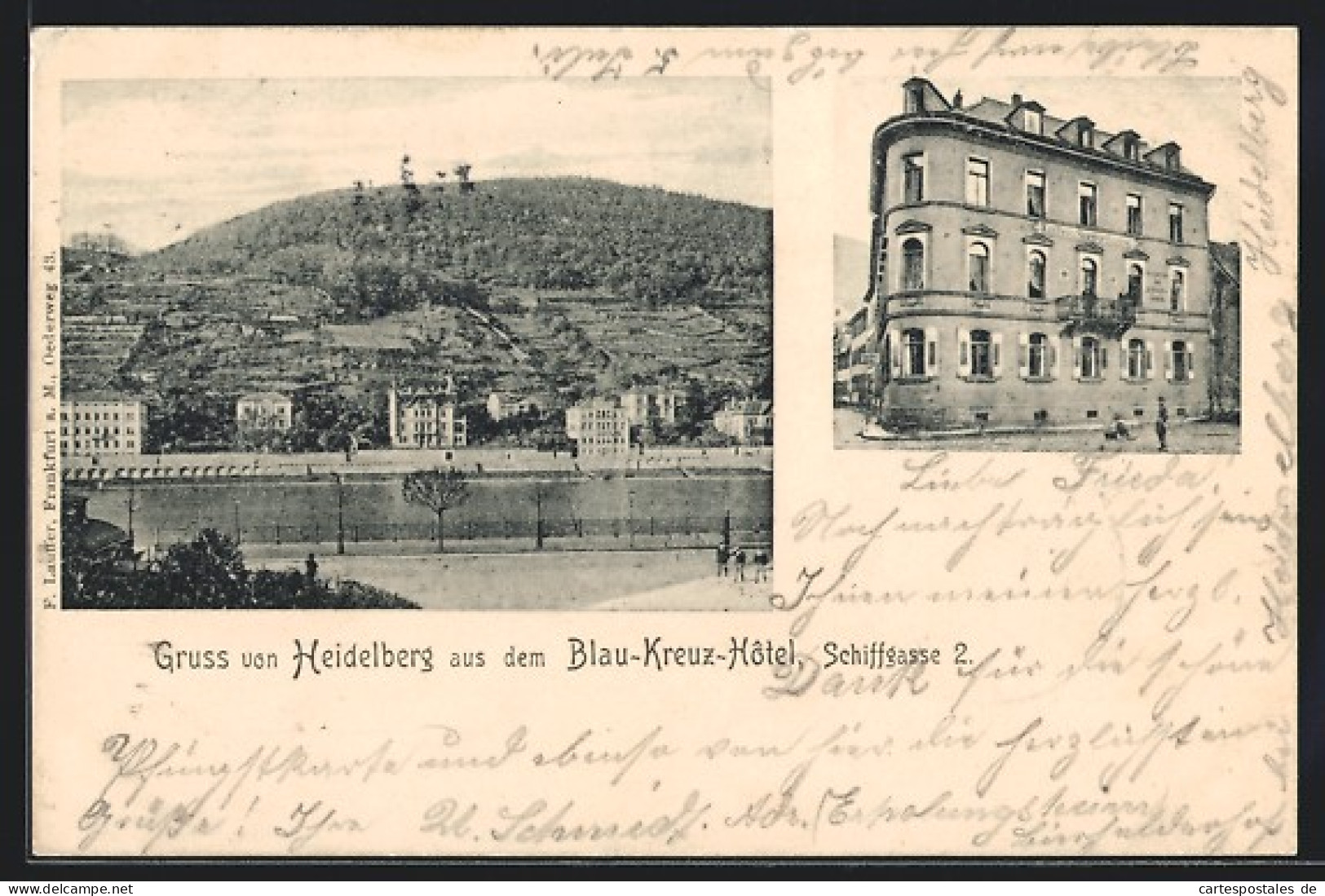 AK Heidelberg, Blau-Kreuz-Hotel, Schiffgasse 2, Uferpartie  - Heidelberg