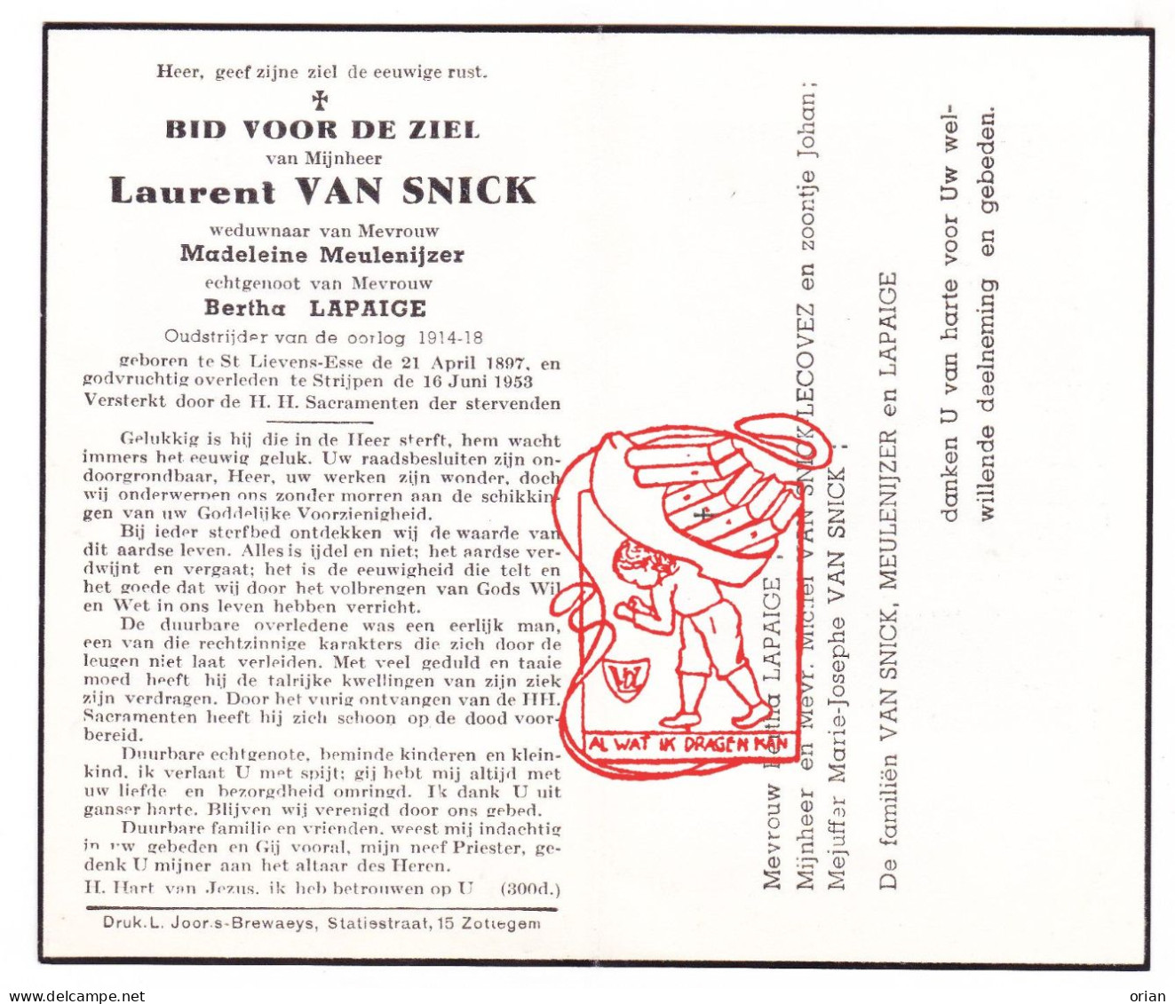 DP Laurent Van Snick ° Sint-Lievens-Esse Herzele 1897 † Strijpen Zotte1953 X M. Meulenijzer Xx B. Lapaige // Lecovez - Devotion Images