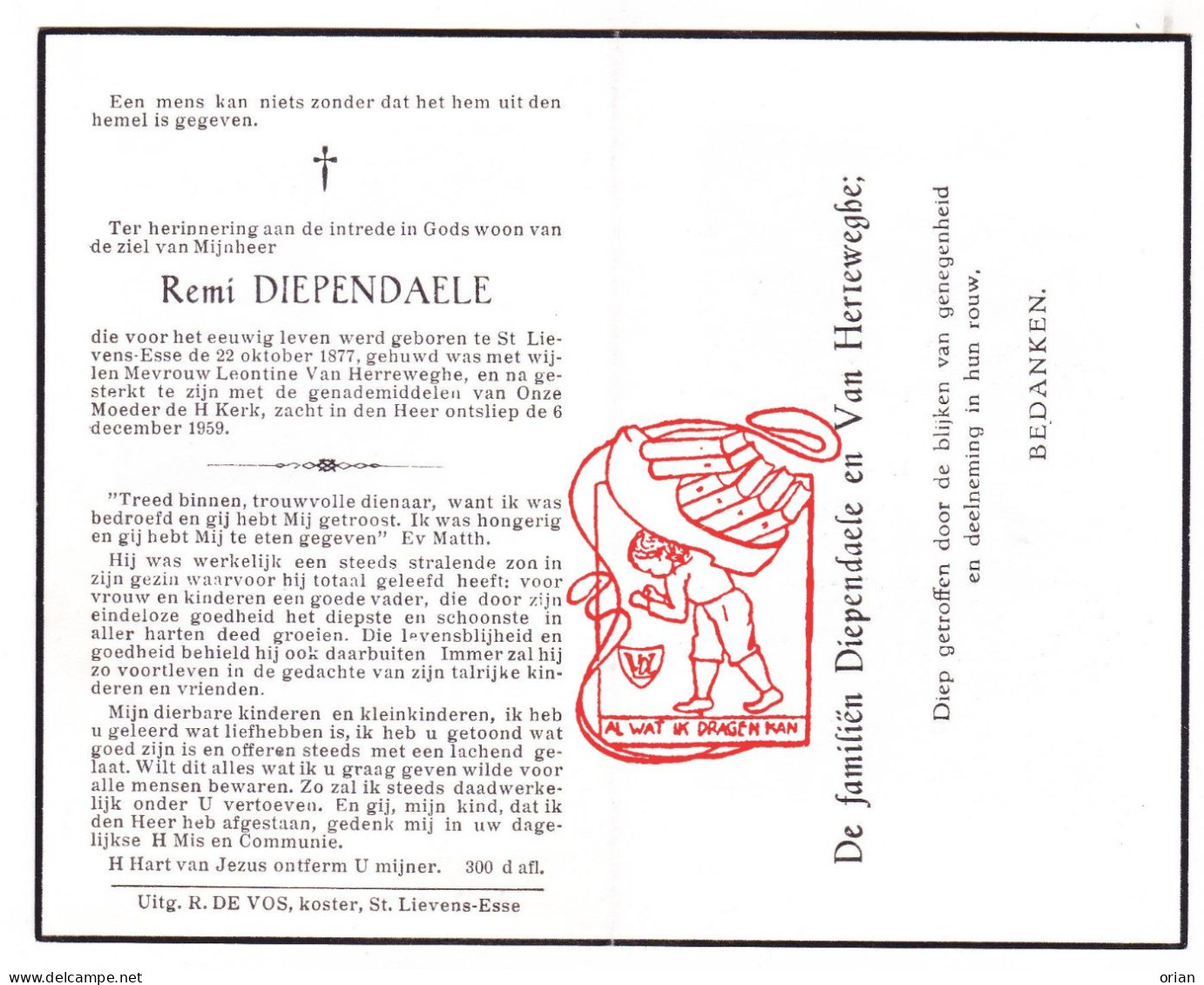 DP Remi Diependaele ° Sint-Lievens-Esse Herzele 1877 † 1959 X Leontine Van Herreweghe - Devotion Images