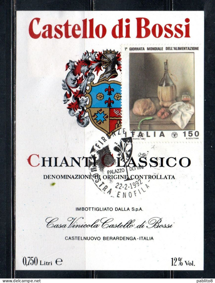 ITALIA 22-2-1992 CHIANTI CLASSICO CASA VINICOLA CASTELLO DI BOSSI CASTELNUOVO BERARDENGA CARTOLINA CARD MAXIMUM - Cartes-Maximum (CM)