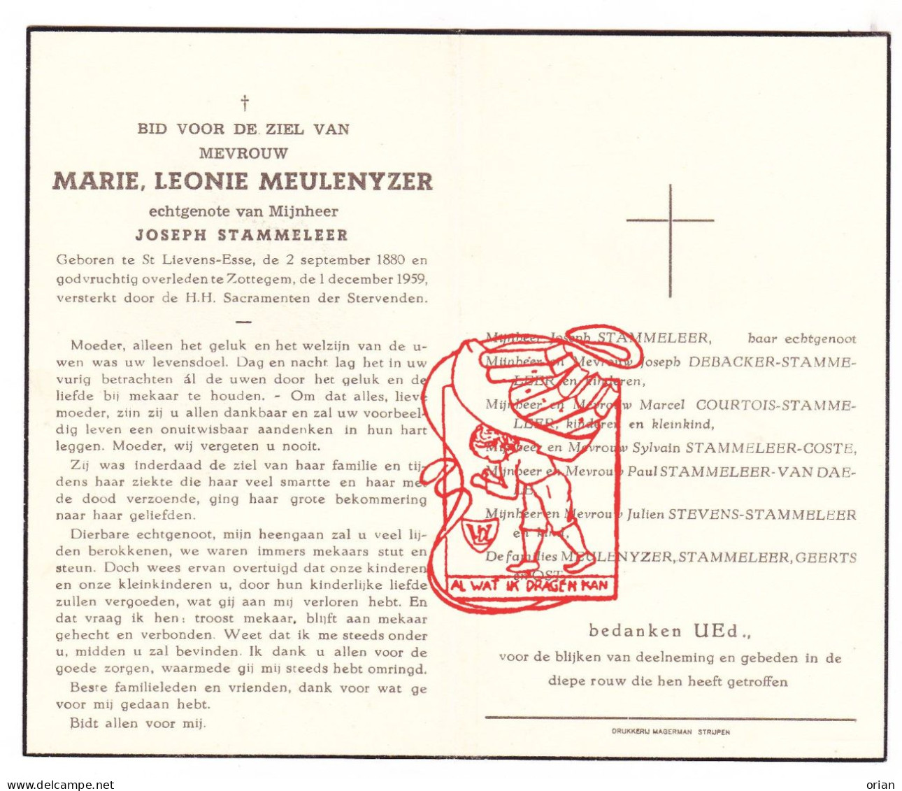 DP Marie Leontie Meulenyzer ° St-Lievens-Esse Herzele 1880 † Zottegem 1959 Stammeleer Debacker Courtois Coste Geerts Ost - Devotion Images