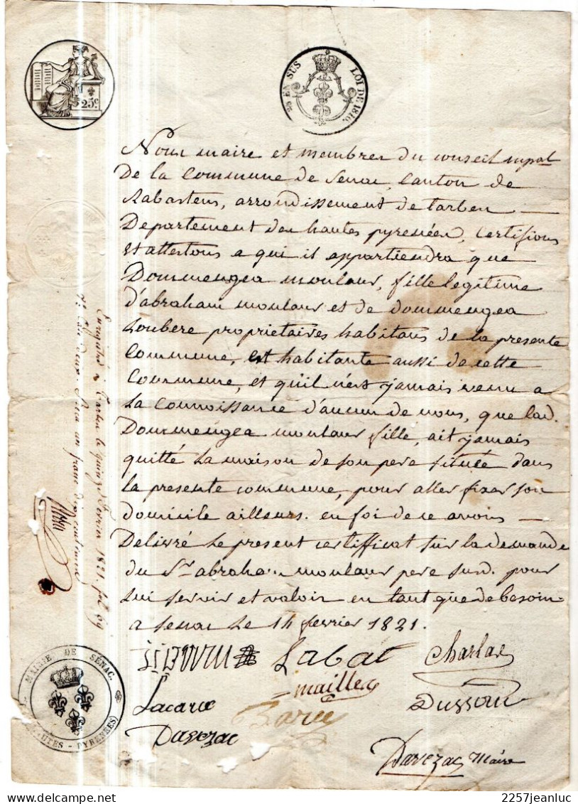 Commune De Sénac 1821 Canton De Rabastens Arrondissement De Tarbes Certficat ... - Historische Dokumente