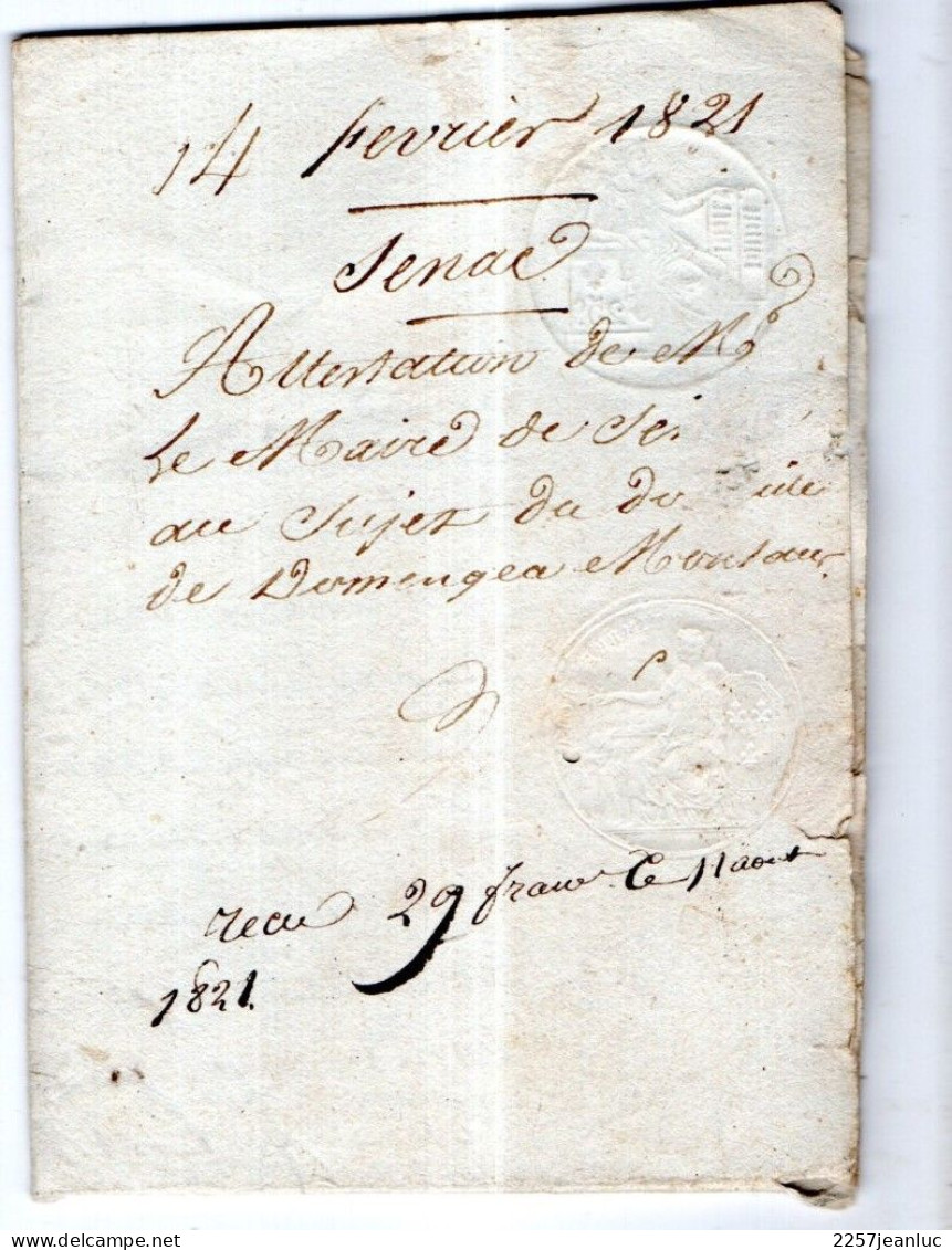 Commune De Sénac 1821 Canton De Rabastens Arrondissement De Tarbes Certficat ... - Historical Documents
