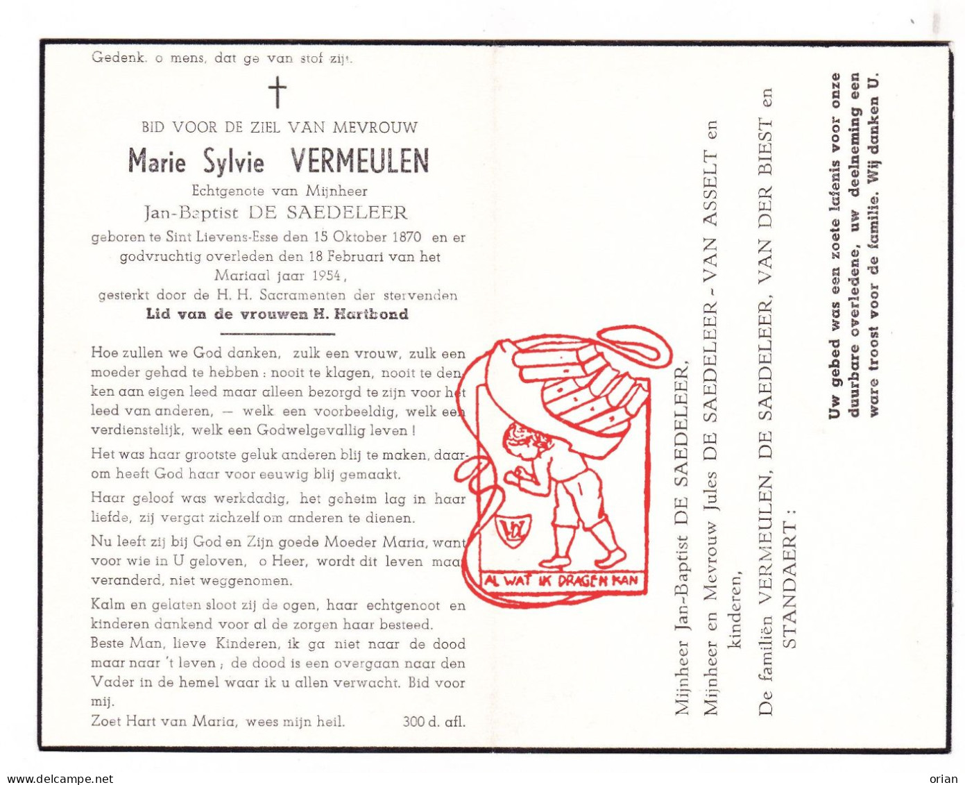 DP Marie Sylvie Vermeulen ° Sint-Lievens-Esse Herzele 1870 † 1954 X JB De Saedeleer // Van Asselt Vanderbiest Standaert - Devotion Images