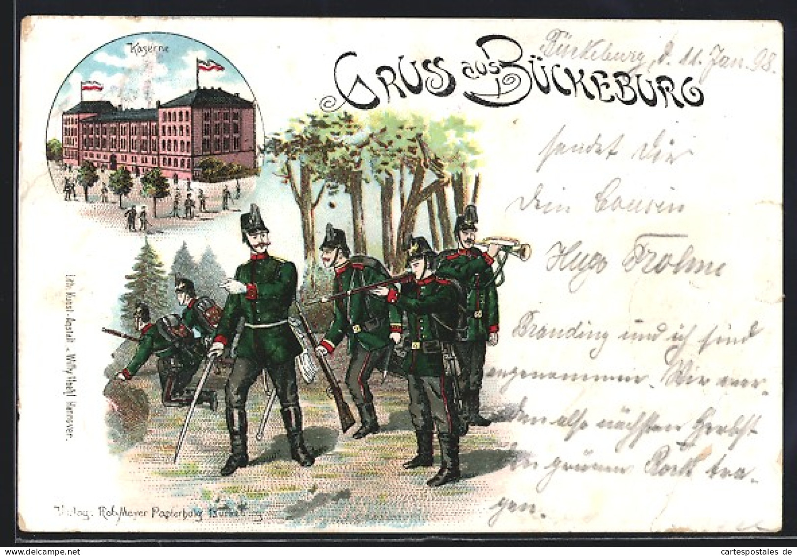 Lithographie Bückeburg, Kaserne, Soldaten In Uniform Im Manöver  - Bueckeburg