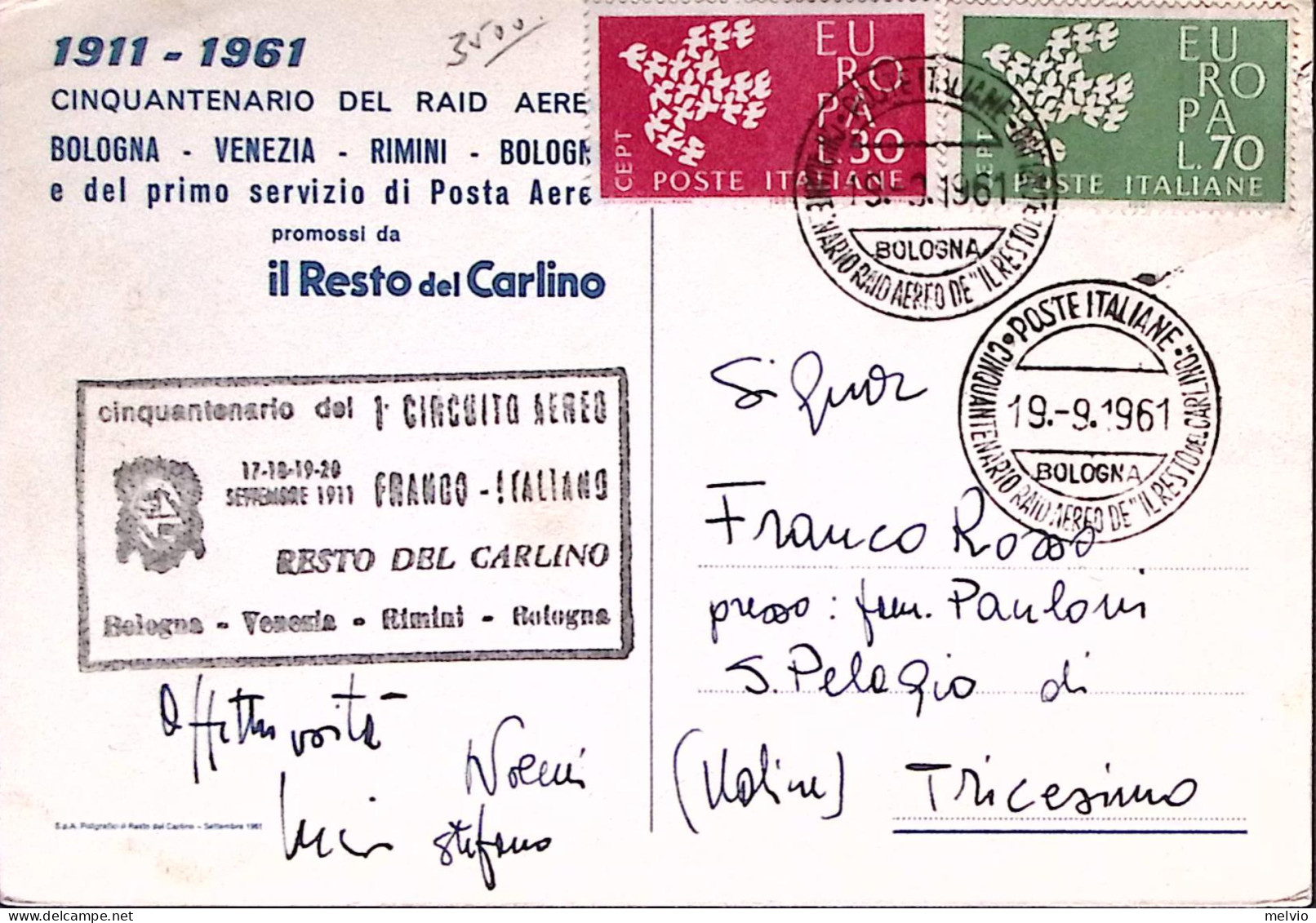1961-Bologna 50^ Circuito Aereo Del Resto Del Carlino Annullo Speciale (19.9) Su - Poste Aérienne