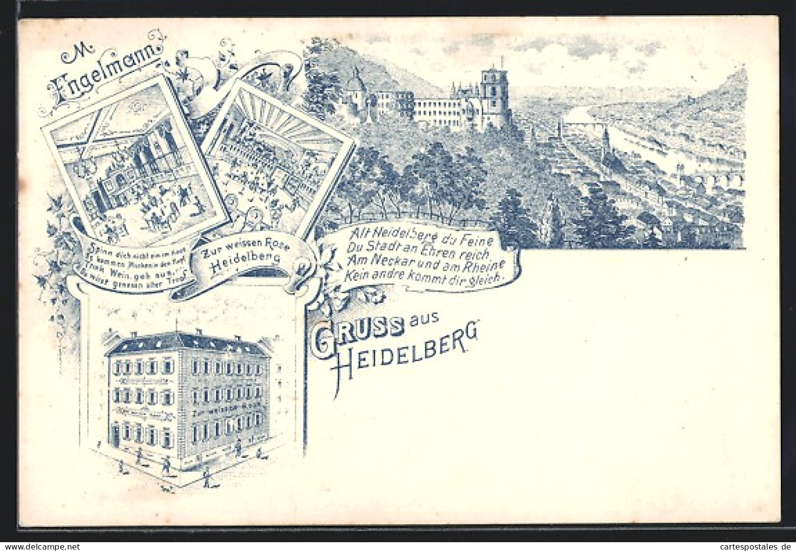 Lithographie Heidelberg, Restaurant Zur Weissen Rose, Totalansicht  - Heidelberg