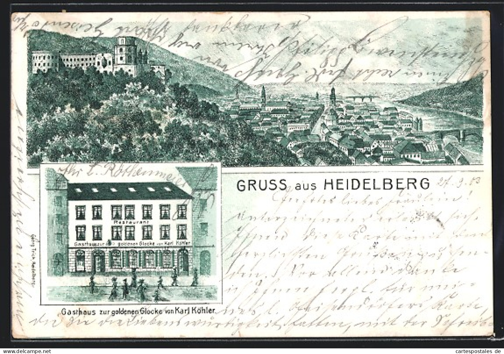 Lithographie Heidelberg, Gasthaus Zur Goldenen Glocke  - Heidelberg