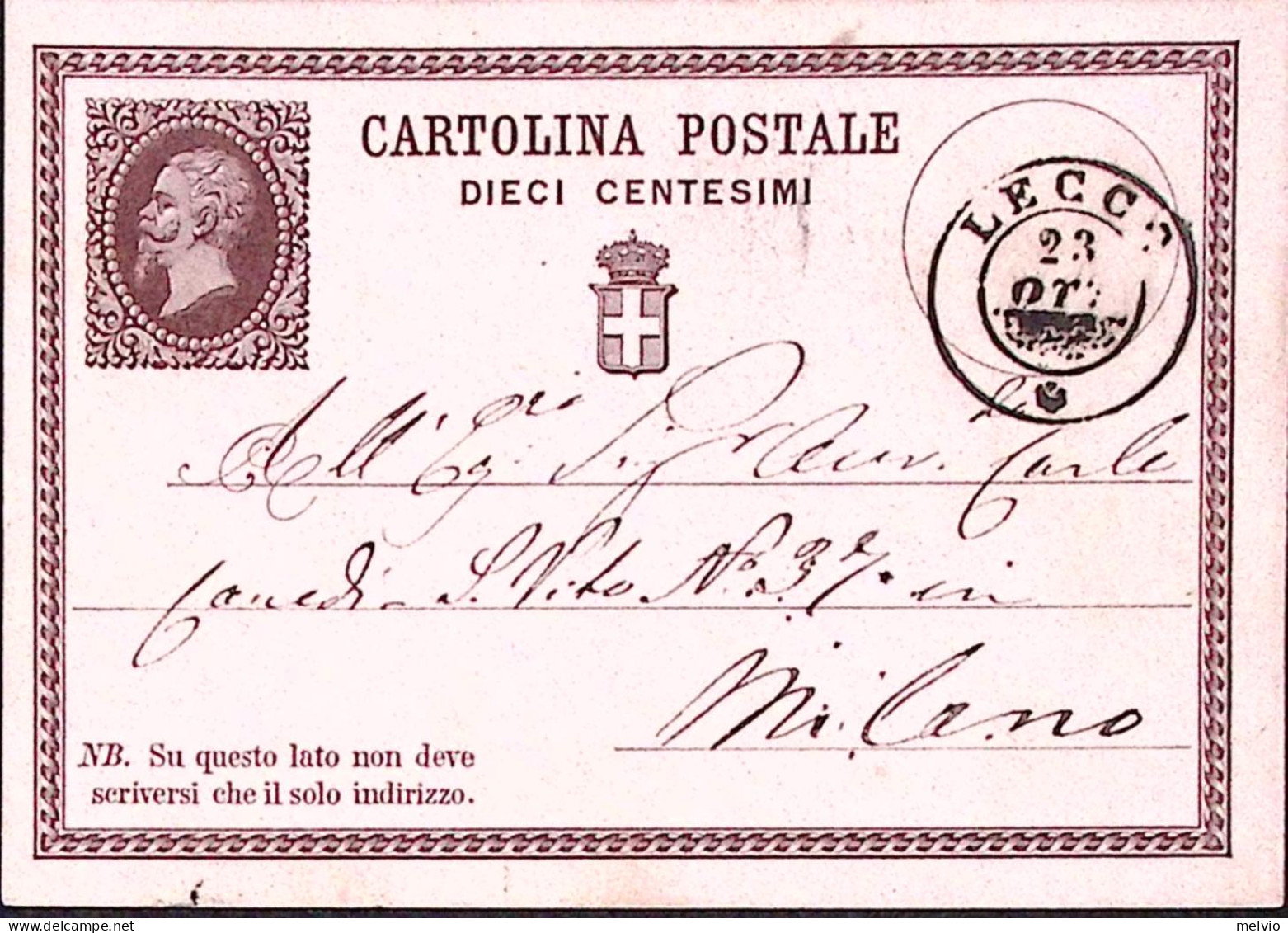1875-CARTOLINA POSTALE C.10 Viaggiata Lecco (23.8) - Entiers Postaux