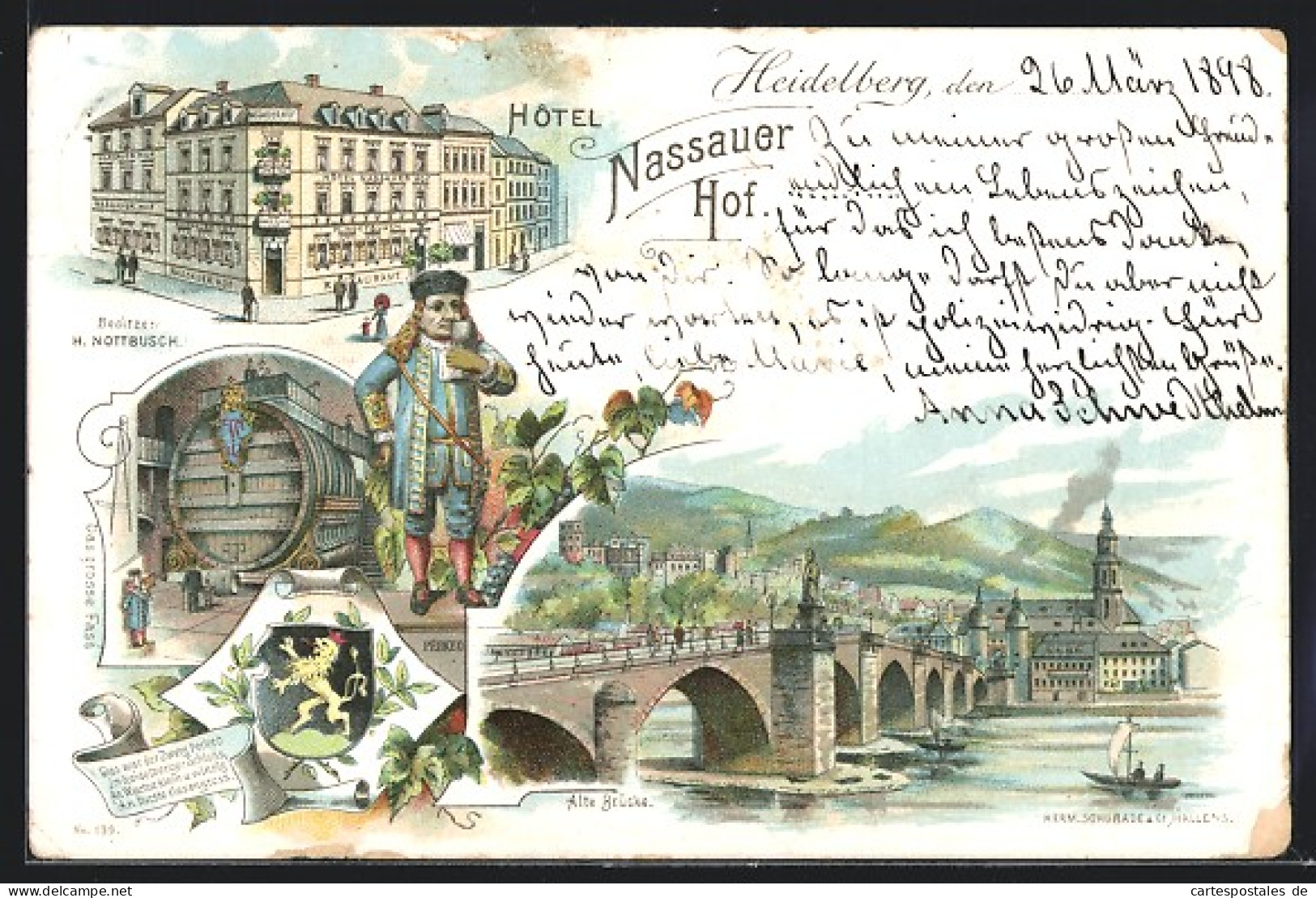 Lithographie Heidelberg, Hotel Nassauer Hof, Alte Brücke  - Heidelberg