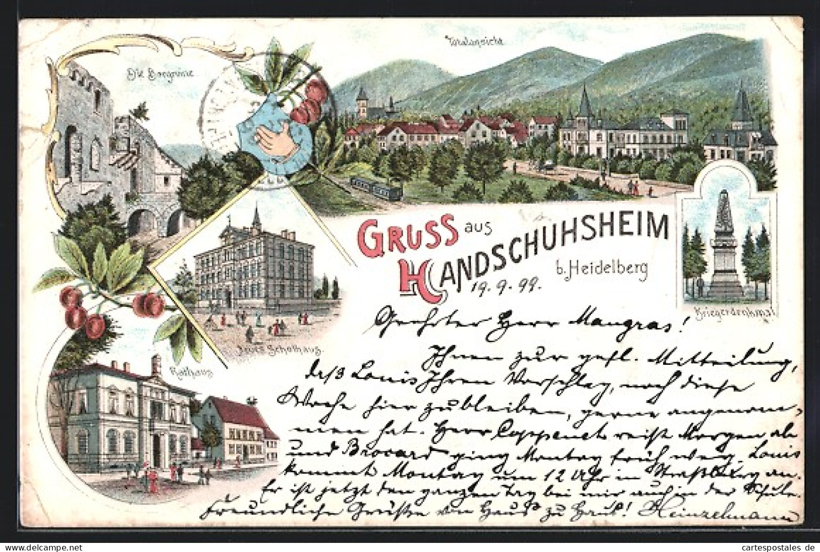 Lithographie Handschuhsheim B. Heidelberg, Neues Schulhaus, Rathaus, Die Burgruine  - Heidelberg