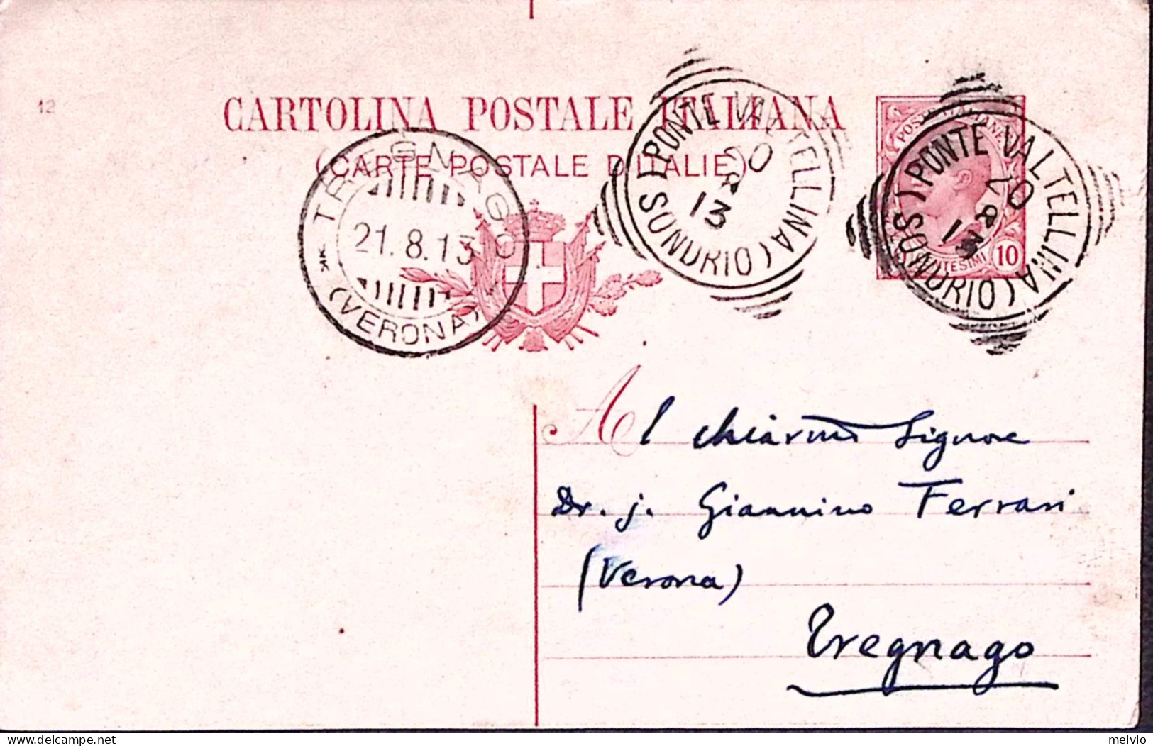 1913-PONTE VALTELLINA/(SONDRIO) Tondo Riquadrato (20.8) Su Cartolina Postale Leo - Entiers Postaux