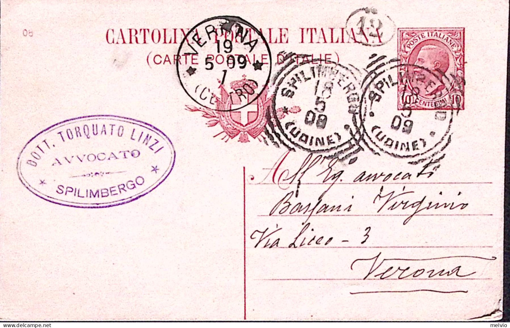 1909-SPILIMBERGO/(UDINE) Tondo Riquadrato (18.5) Su Cartolina Postale Leoni C.10 - Entero Postal