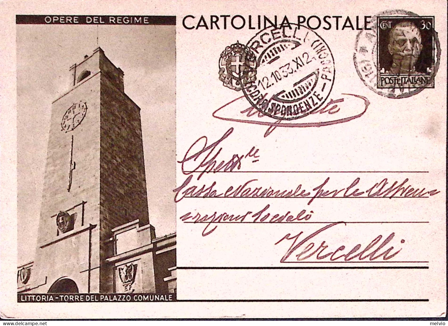 1933-CARTOLINA POSTALE Littoria Torre Del Palazzo Comunale Viaggiata Vercelli (1 - Stamped Stationery