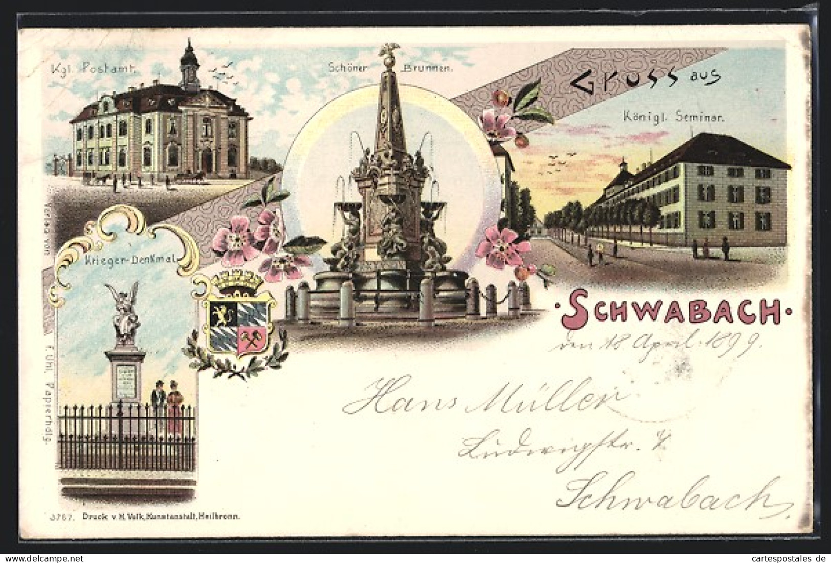Lithographie Schwabach, Kgl. Postamt, Schöner Brunnen, Königl. Seminar, Krieger-Denkmal  - Schwabach
