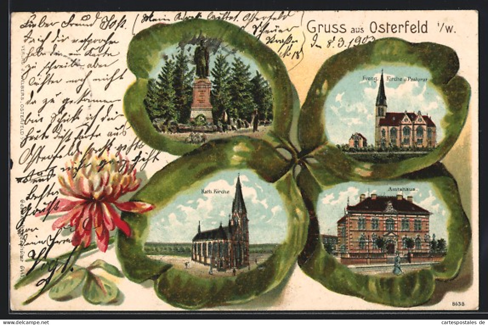 Passepartout-Lithographie Osterfeld I. W., Amtshaus, Evang. Kirche Und Pastorat, Kath. Kirche, Kleeblatt  - Autres & Non Classés