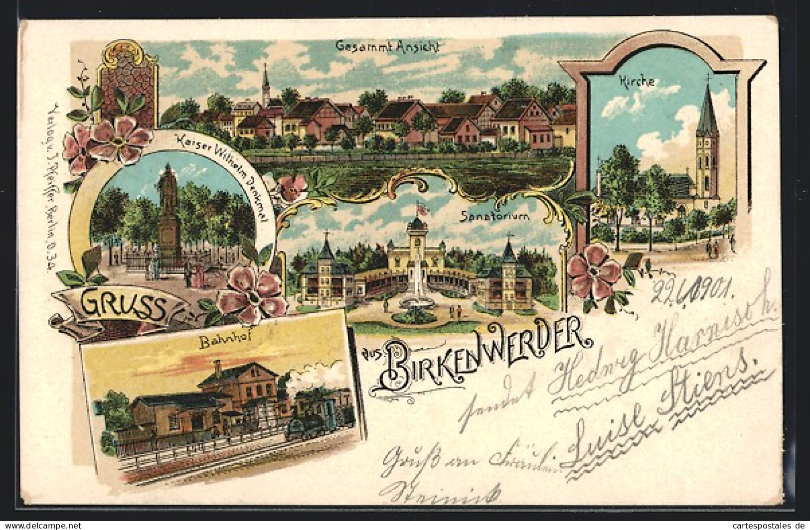 Lithographie Birkenwerder, Sanatorium, Kirche, Bahnhof  - Birkenwerder