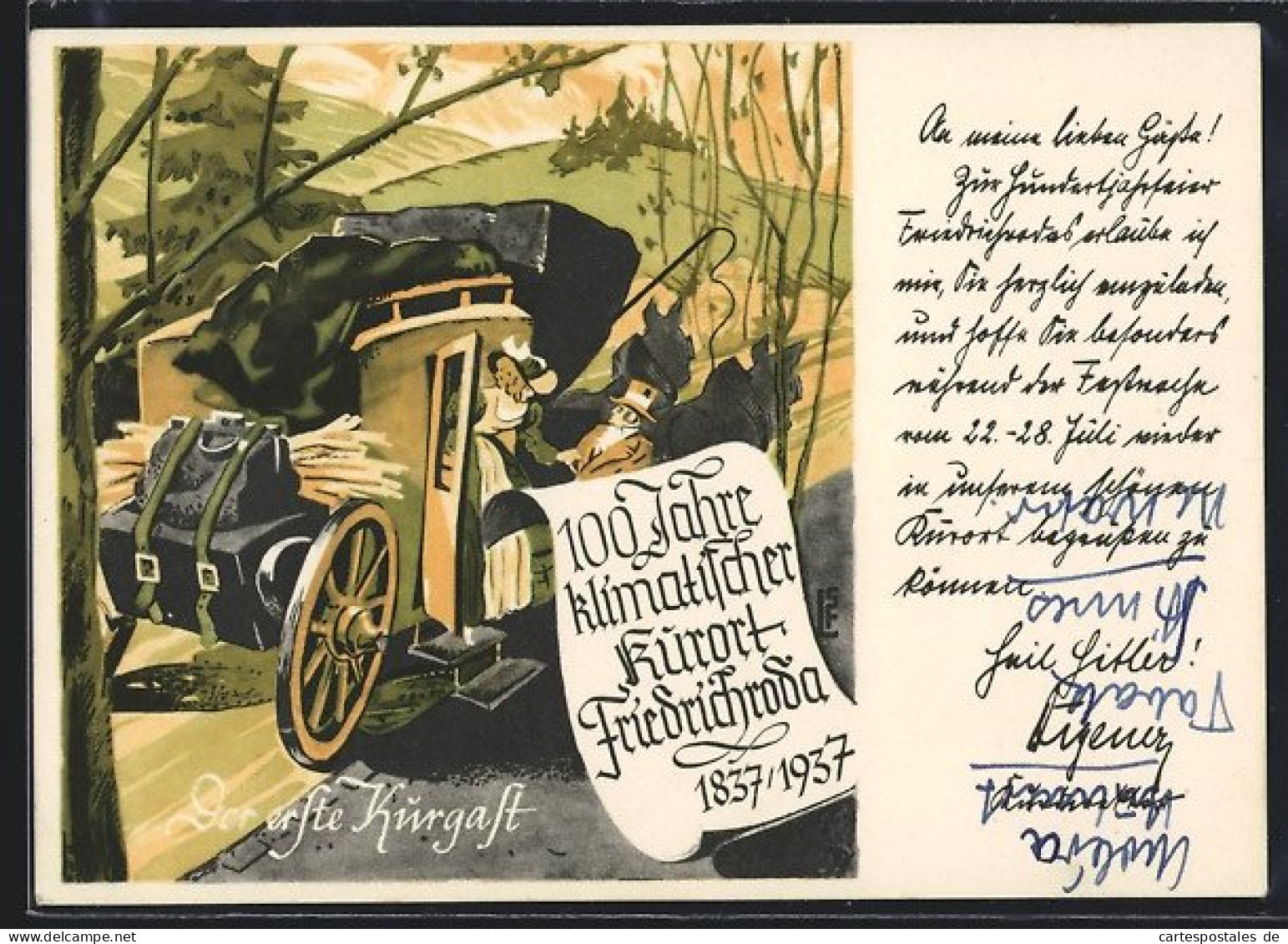 Künstler-AK Friedrichroda, 100 Jahre Klimatischer Kurort 1937, Der Erste Kurgast, Festpostkarte  - Friedrichroda