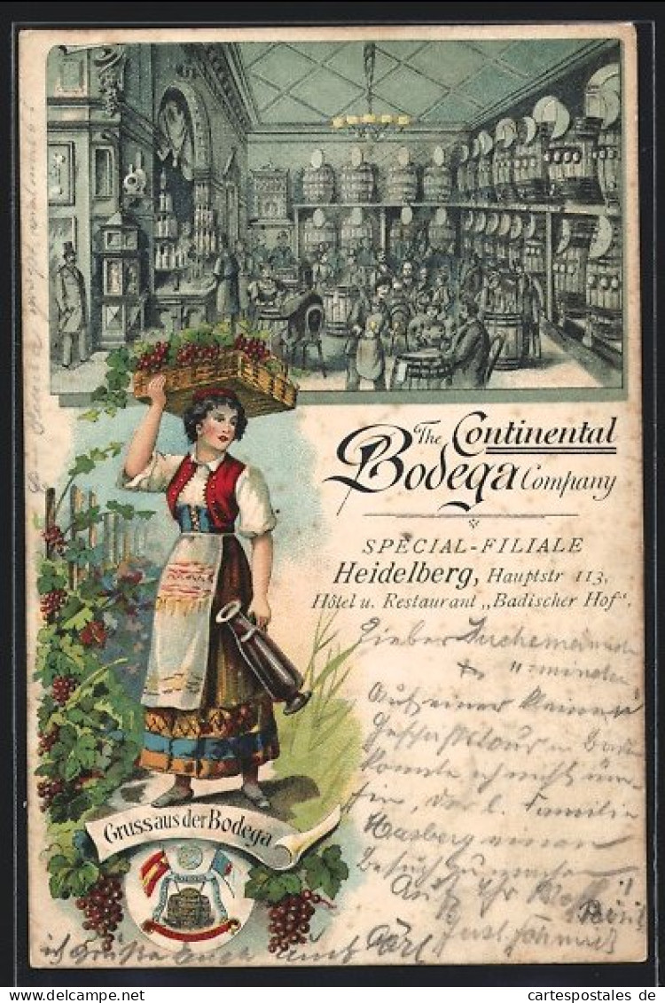 Lithographie Heidelberg, The Continental Bodega Company, Frau In Tracht  - Heidelberg