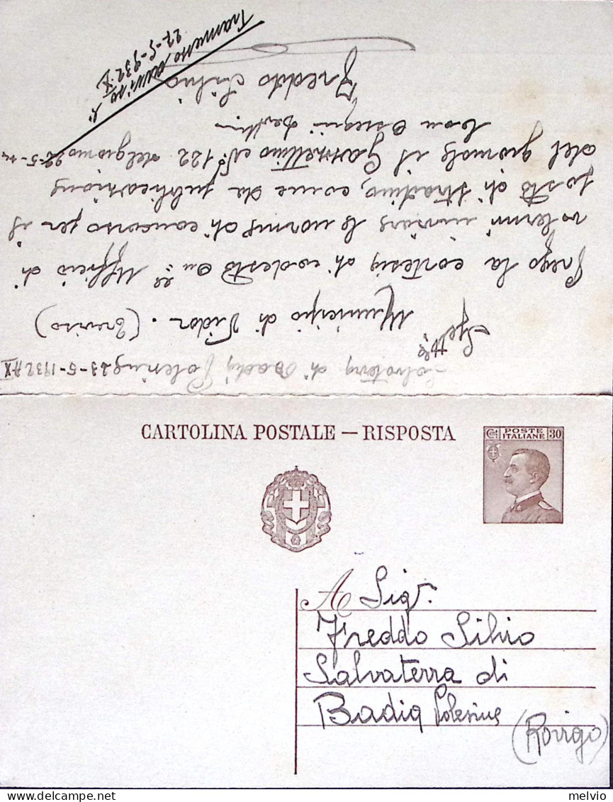 1929-Cartolina Postale RP Michetti C.30+30 Viaggiata Parte Risposta Unita Predis - Entero Postal