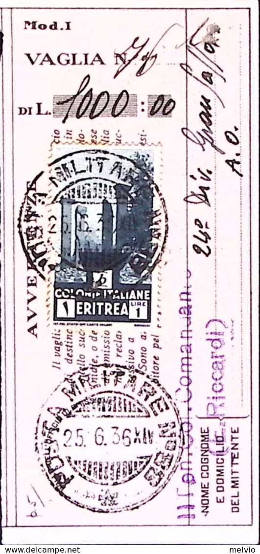 1935-Posta Militare N.ro 88 C.2 (25.6) Su Polizzino Vaglia Affrancato Eritrea Li - Eritrea