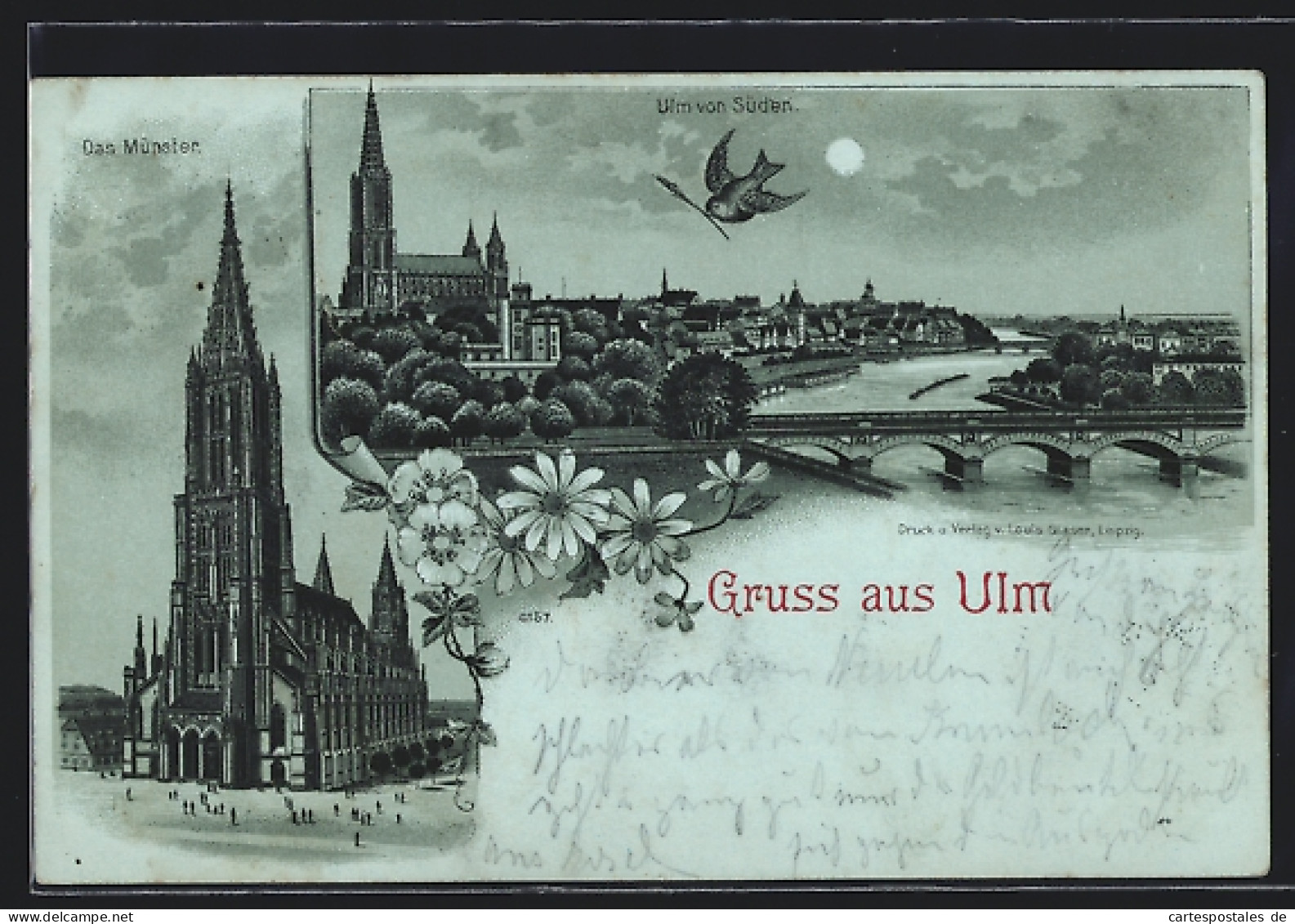 Mondschein-Lithographie Ulm / Donau, Münster, Ortsansicht Von Süden Gesehen  - Ulm