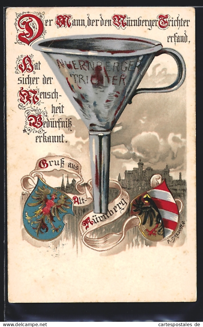 Lithographie Nürnberg, Nürnberger Trichter, Wappen  - Oblitérés