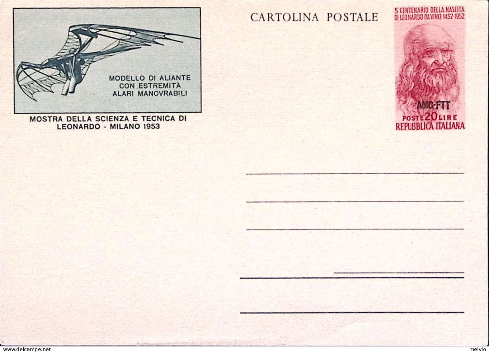 1953-AMG-FTT Cartolina Postale Leonardo Aliante Con Ali Manovrabili Lire 20 Nuov - Marcophilie