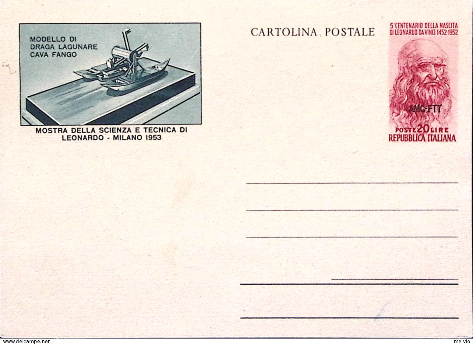 1953-AMG-FTT Cartolina Postale Leonardo Draga Lagunare Lire 20 Nuova - Marcophilie
