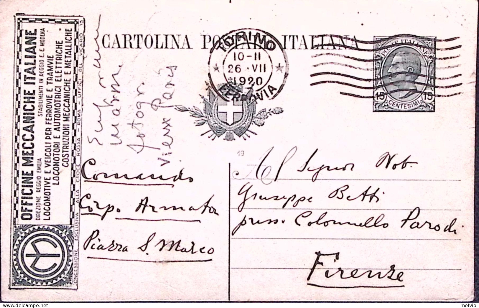 1919-OFFICINE MECCANICHE ITALIANE Tassello Pubblicitario Su Cartolina Postale Le - Entiers Postaux