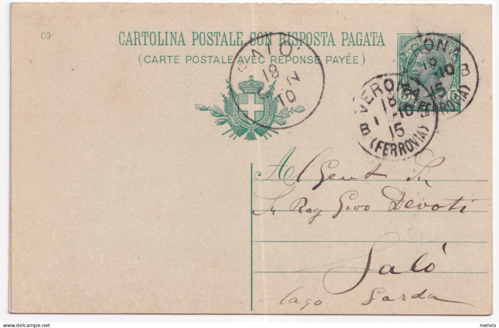 1909-Cartolina Postale RP Leoni C.5+10 Mill. 09 Viaggiata Con Parte Risposta Uni - Entero Postal