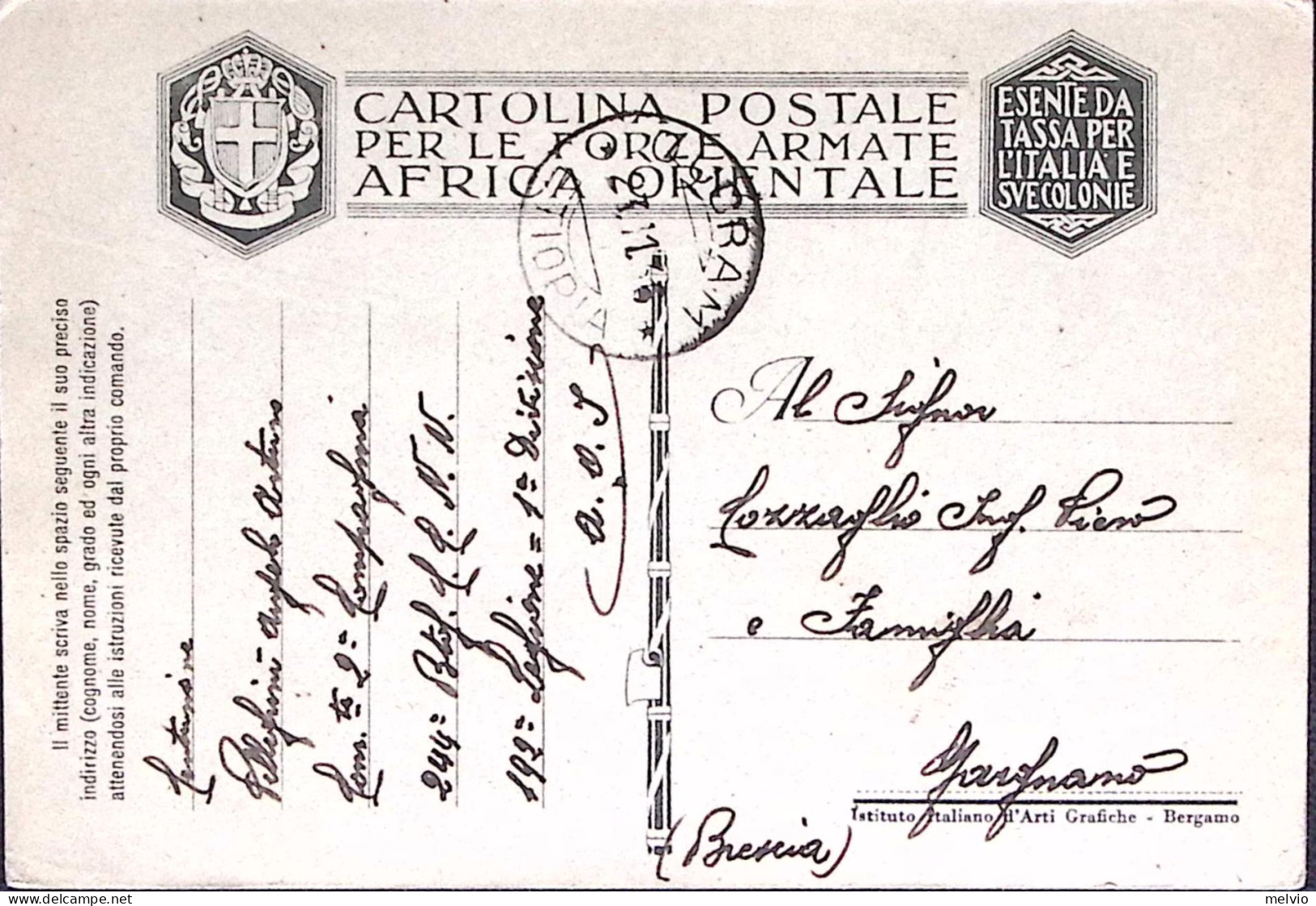 1935-Cartolina Franchigia Per AO Carta Africa Orientale Italiana Viaggiata - Afrique Orientale Italienne