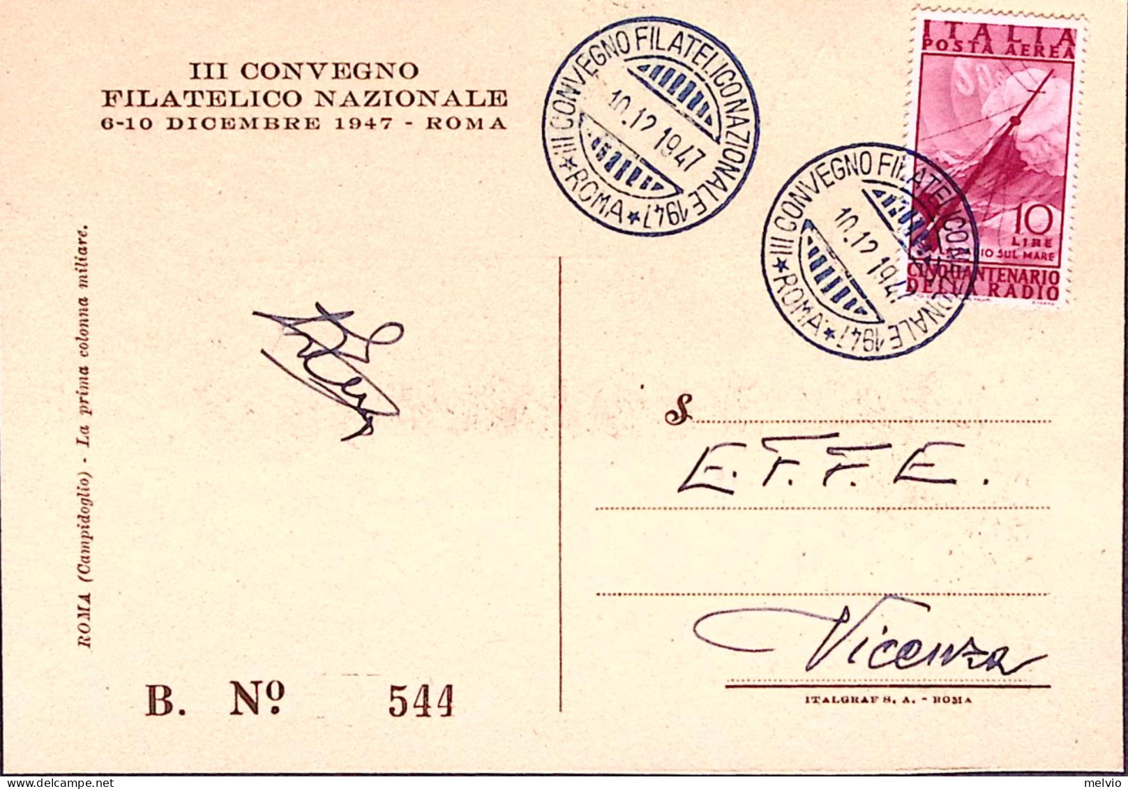 1947-ROMA III^Congresso Filatelico Annullo Speciale Blu(10.12) Su Cartolina Affr - Manifestations