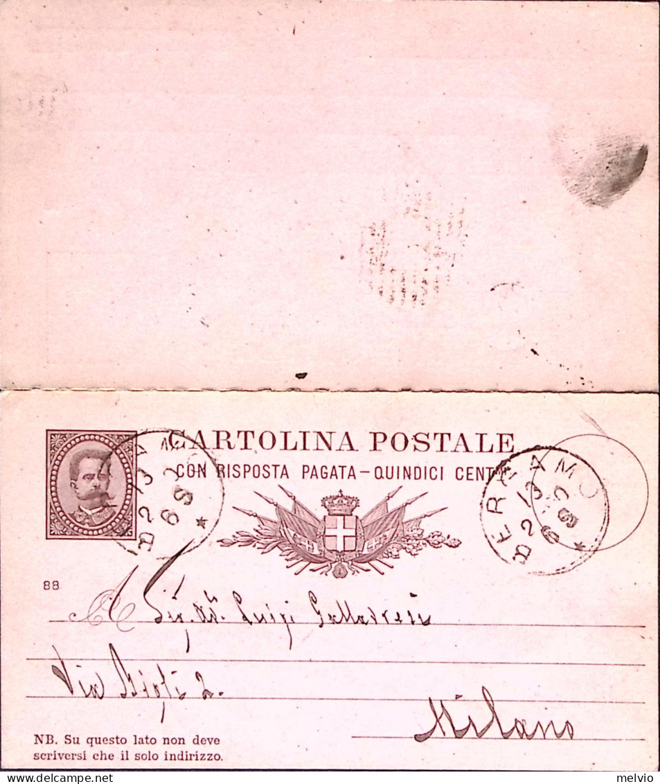 1888-Cartolina Postale RP Umberto C.15+R Mill. 88 Viaggiata Con Parte Risposta P - Postwaardestukken