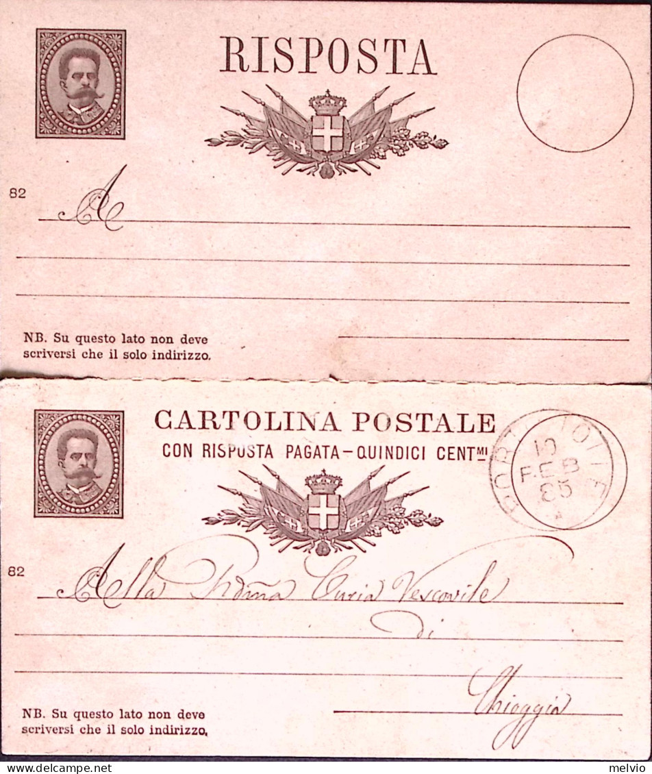 1882-Cartolina Postale RP Umberto C.15+R Mill. 82 Viaggiata Con Parte Risposta U - Stamped Stationery
