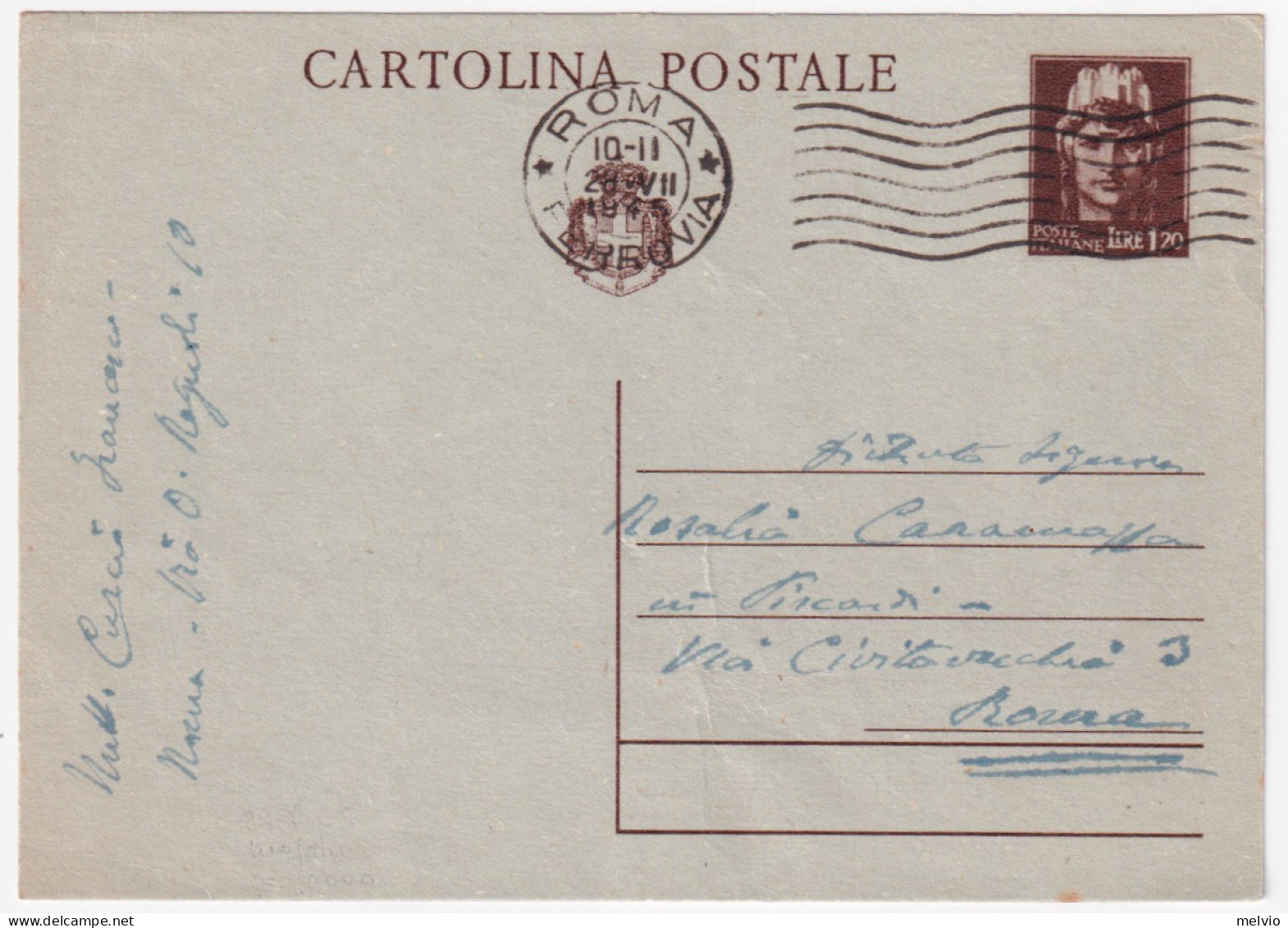 1945-Cartolina Postale Lire 1,20 Roma (28.7) - Marcophilie