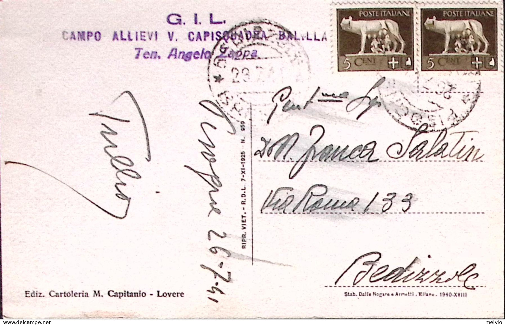 1941-LAGO D'ISEO Viaggiata (26.9) Al Verso Bollo G.I.L. Campo Allievi V. Capisqu - Brescia