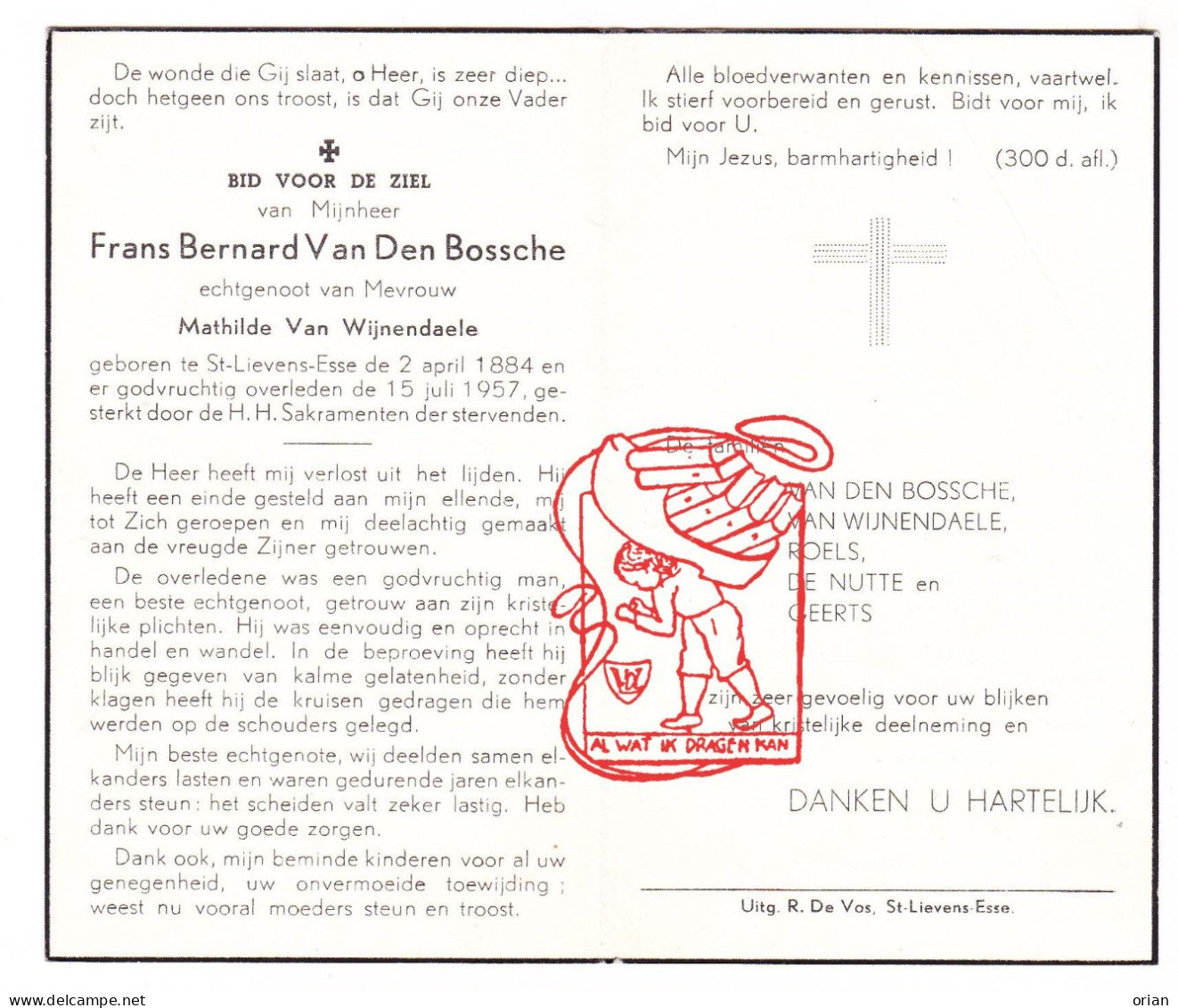 DP Frans Bernard Vandenbossche ° Sint-Lievens-Esse Herzele 1884 † 1957 X Math. Van Wijnendaele // Roels De Nutte Geerts - Devotion Images